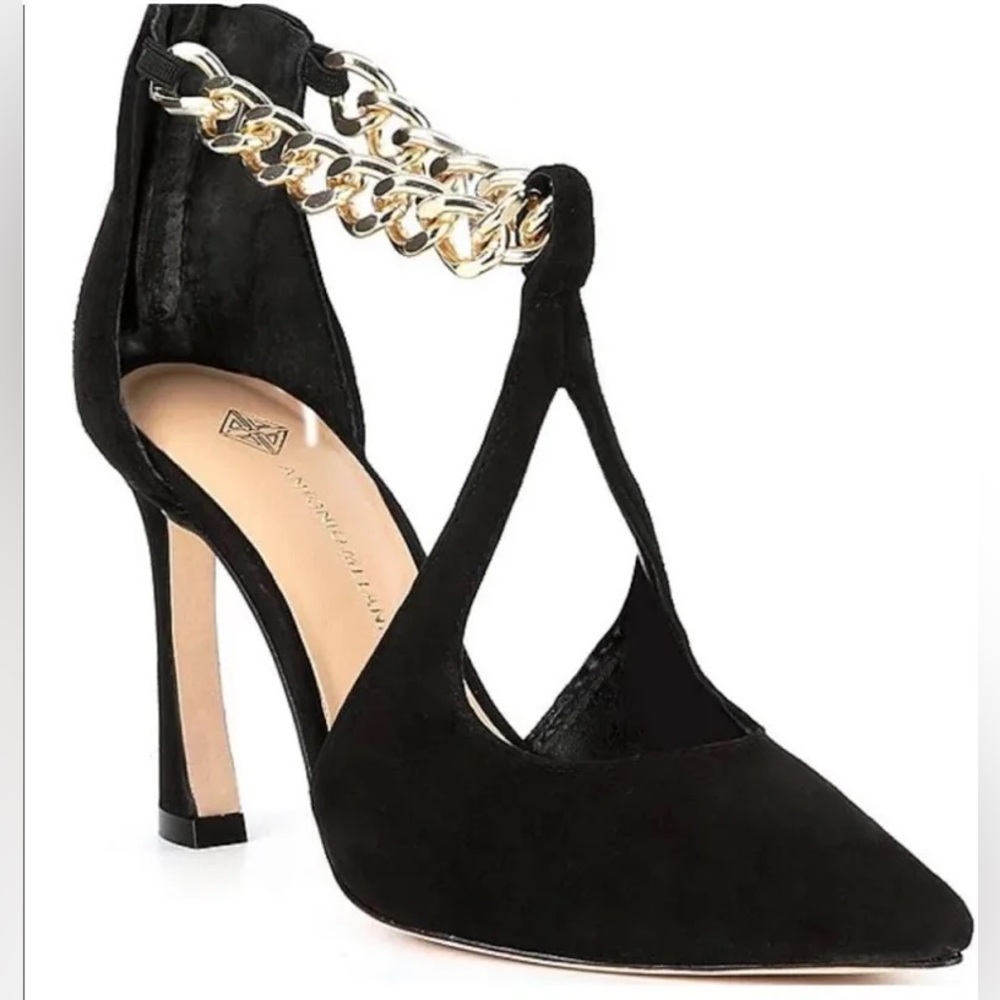 ANTONIO MELANI Tiaa Black Pointed-Toe Stiletto Pumps with Gold Chain Ankle Strap